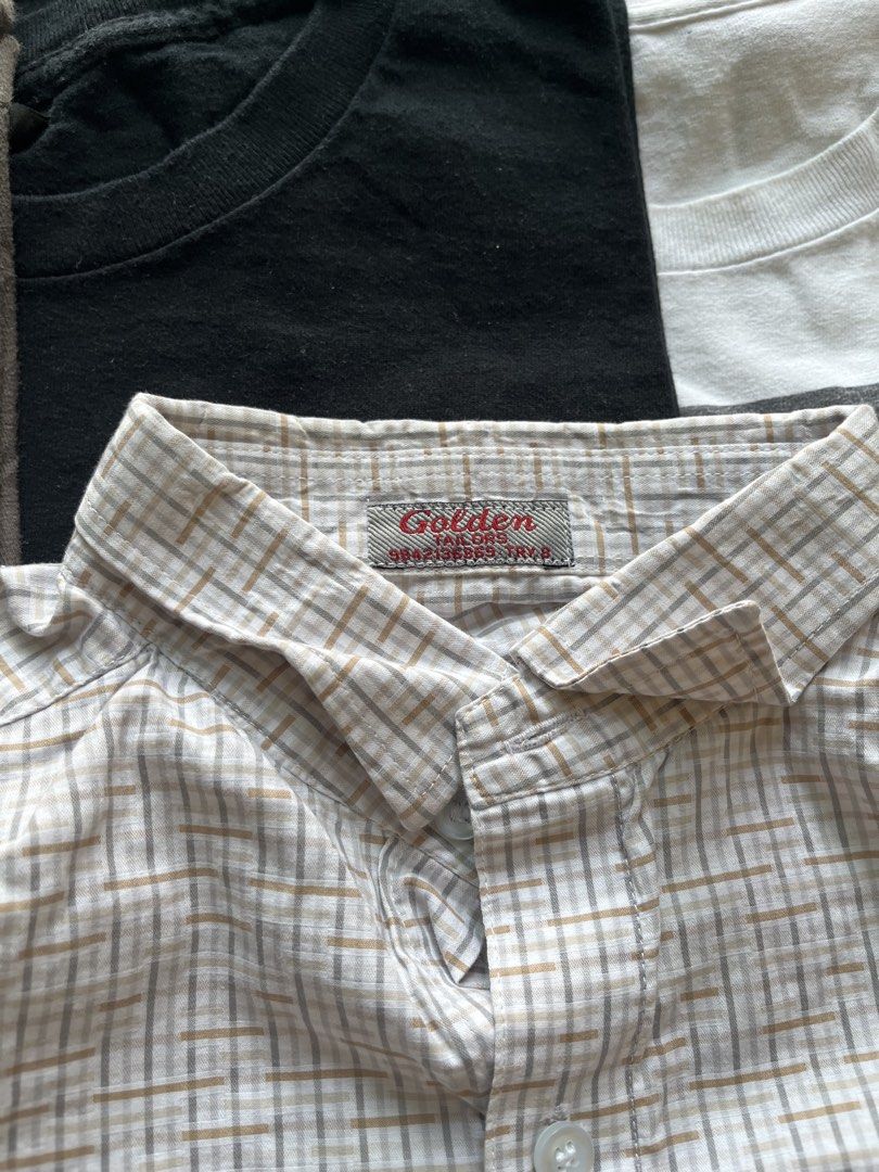 Y2K Golden Tailors Long Sleeve Checked Button-Down Shirt (Category: Formal Shirts) located in Baao. Submitted by plainclothesdept (Listing ID 1469704217, Image 2). Description: golden tailor flannel width - 21 in. length - 27 in. no flaws - Brand: Golden Tailors - Style: Classic cut long-sleeve button-down shirt - Pattern: Brown and grey dash lines on a light background - Features: Standard collar, front chest pocket, full front button closure wi