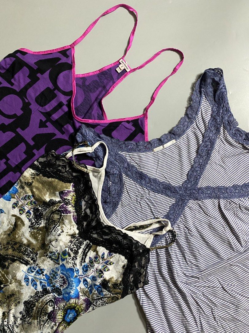 Y2k Tank Top Bundle ❗️ (Category: Sleeveless) located in Manila. Submitted by curatedvg. (Listing ID 1469693552, Image 1). Description: Juicy Couture - Size S / 15.5x22 / No major flaws Almost Famous - Size S / 14x22 / No issues Uniqlo Babydoll - Size L / 15.5 x28 / Unnoticeable pinhole Selling bundle for ₱200 ❗️.