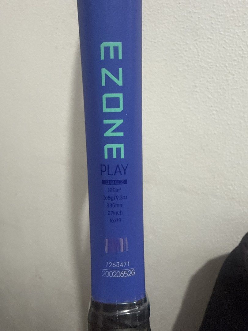 Yonex Ezone Play Tennis Racket (Category: Racket and Ball Sports) located in Marikina City. Submitted by ellapam (Listing ID 1469716622, Image 2). Description: - Item: Yonex Ezone Play Tennis Racket - Color: Blue - Condition: Brand new with original tags attached and grip still wrapped in plastic - Head Size: 100 sq. in. - Weight: 265g / 9.3 oz. - Balance: 335mm - Length: 27 inches - String Pattern: 16 x 19 - Ideal for players looking for a light