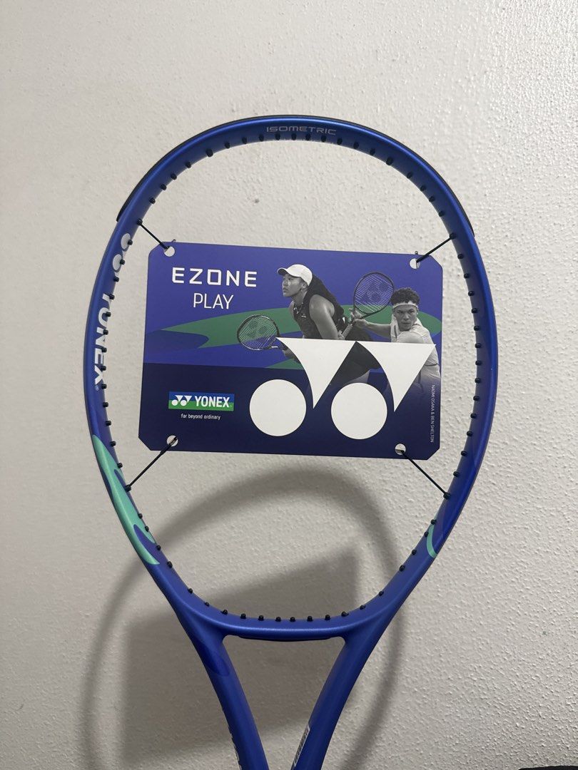 Yonex Ezone Play Tennis Racket (Category: Racket and Ball Sports) located in Marikina City. Submitted by ellapam (Listing ID 1469716622, Image 1). Description: - Item: Yonex Ezone Play Tennis Racket - Color: Blue - Condition: Brand new with original tags attached and grip still wrapped in plastic - Head Size: 100 sq. in. - Weight: 265g / 9.3 oz. - Balance: 335mm - Length: 27 inches - String Pattern: 16 x 19 - Ideal for players looking for a light