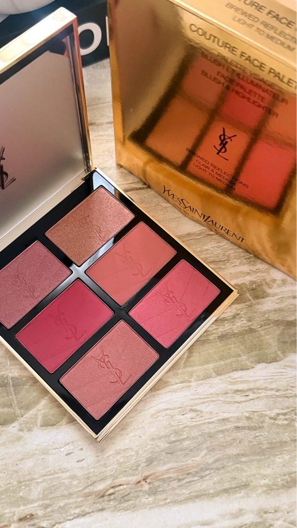 Yves Saint Laurent Couture Face Palette Brewed Reflections (Category: Makeup) located in Leyte. Submitted by modernpersephone (Listing ID 1469647770, Image 1). Description: - Brand: Yves Saint Laurent (YSL) - Item: Couture Face Palette - Shade: Brewed Reflections (great for light to medium skin tones) - Features: Blush and highlighter pans - Packaging: Stunning quilted burgundy leather case with gold hardware - Inclusion: Comes with original gold