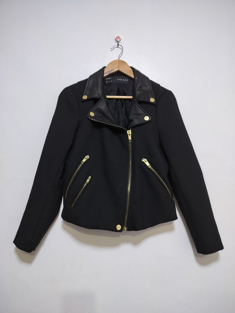 Zara Basic Motostyle Biker Jacket (Leather Collar) (Category: Others Tops) located in Taguig. Submitted by thriftybounce (Listing ID 1469647918, Image 1). Description: Fit : Small Width : 18 Length : 21 Color Rate : 9.5/10 Issue : None.