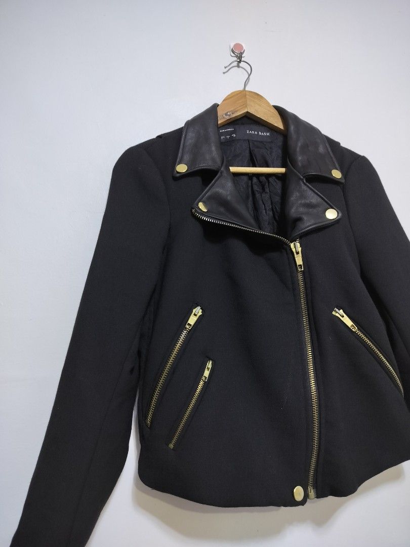 Zara Basic Motostyle Biker Jacket (Leather Collar) (Category: Others Tops) located in Taguig. Submitted by thriftybounce (Listing ID 1469647918, Image 2). Description: Fit : Small Width : 18 Length : 21 Color Rate : 9.5/10 Issue : None.
