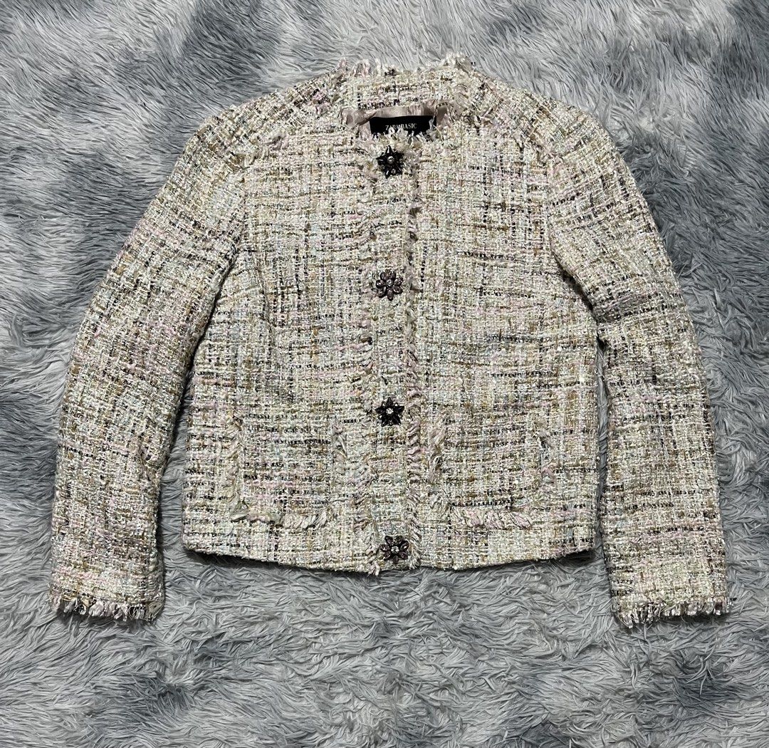 Zara Basic Tweed Jacket (Category: Coats, Jackets and Outerwear) located in Sasmuan (Sexmoan). Submitted by winterclothes.ph (Listing ID 1469573071, Image 1). Description: Zara Basic Tweed Jacket XS on tag Width 17 Length 20.5 Excellent Condition.