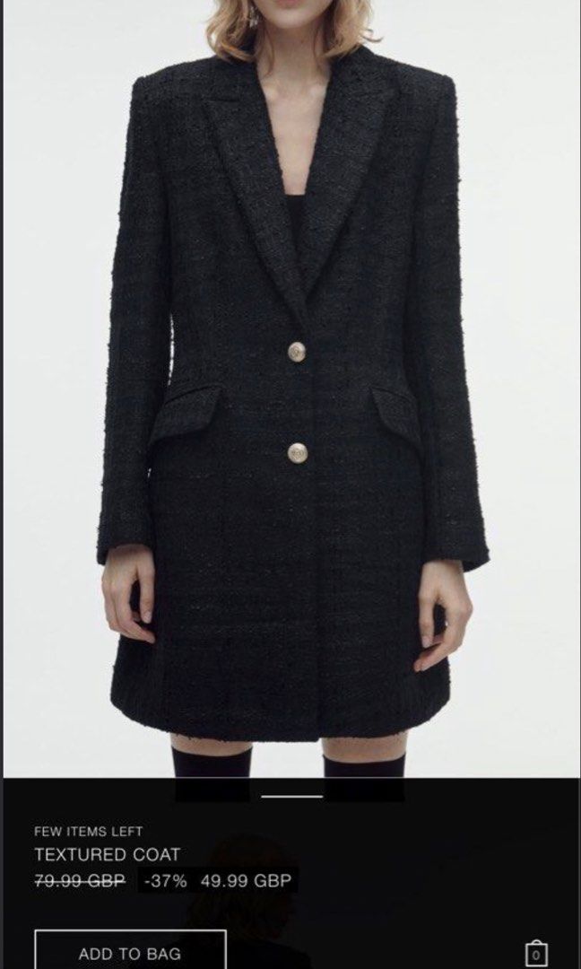 Zara Black Textured Tweed Coat (Category: Coats, Jackets and Outerwear) located in Calamba. Submitted by cheriiv (Listing ID 1469721119, Image 1). Description: Nice, heavy coat. Very pretty!! Slight stitch tear on sleeve, see last photo - Brand: Zara - Size: XS - Color: Black - Material: Textured tweed-like fabric with smooth full lining - Details: Notched lapels, decorative gold-tone buttons on front and cuffs, side flap pockets - Fit: Classic l