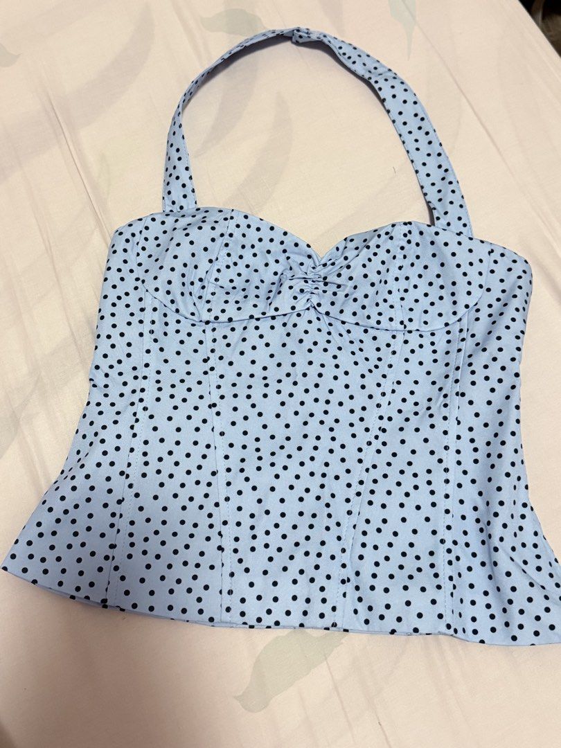 Blue polka dot halter top size xs (Category: Sleeveless) located in Manila. Submitted by livvy.edit (Listing ID 1469312611, Image 3). Description: Condition: Brand New RFS: decluttering 📦 Can do shipping (buyer shoulders fee) .