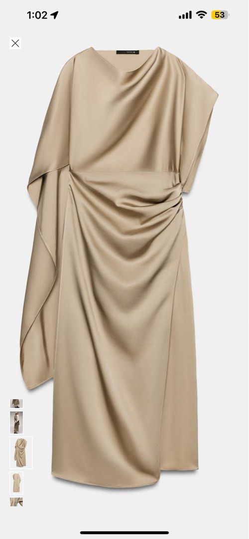 ZARA CAVA SATIN MIDI DRESS (Category: Evening dresses & gowns) located in Pasig City. Submitted by justdeclutter_777 (Listing ID 1469615988, Image 3). Description: ✨ ZARA CAVA SATIN-EFFECT CAPE MIDI DRESS ✨ For the girlies who love an elegant, timeless look! 🤍 Perfect for weddings, formal dinners, special occasions, and that classy old-money aesthetic. •Size on tag: Medium • Style: Satin-Effect Cape Midi Dress • Color: Cava • Condition: Brand ne