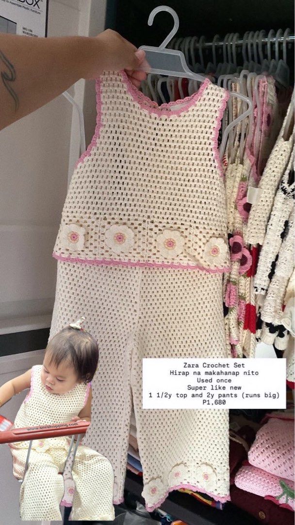 Zara Crochet Top and Pants Set (Category: Sets or Coordinates) located in Manila. Submitted by ishi_1 (Listing ID 1469700015, Image 3). Description: - Brand: Zara - Style: Crochet matching set (top and pants) in cream with pink trim and flower accents - Size: Top (1.5 years), Pants (2 years) - note that it runs big - Note: Rare and hard-to-find piece.