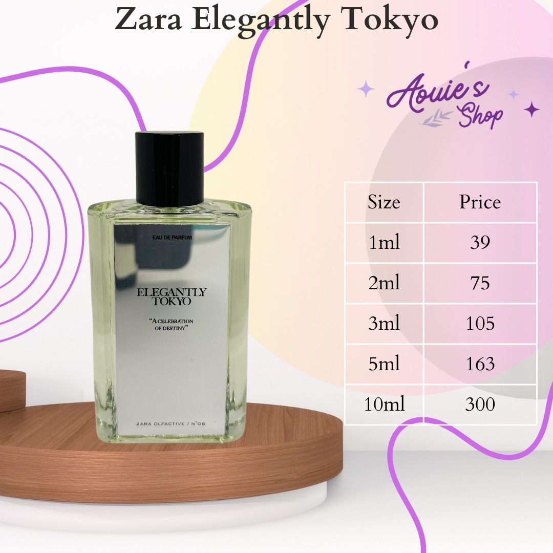 Zara Perfume Decants - Multiple Scents and Sizes Available (Category: Fragrance & Deodorants) located in Manila. Submitted by aouievallente (Listing ID 1469752872, Image 2). Description: - 100% Authentic Zara perfume decants - Available sizes: 1ml, 2ml, 3ml, 5ml, and 10ml - Available scents: Reflecting Celebrations, Elegantly Tokyo, Leather Jardin, Wonder Rose, and Vibrancy Adventures - Budget-friendly way to test multiple fragrances - Send a mes