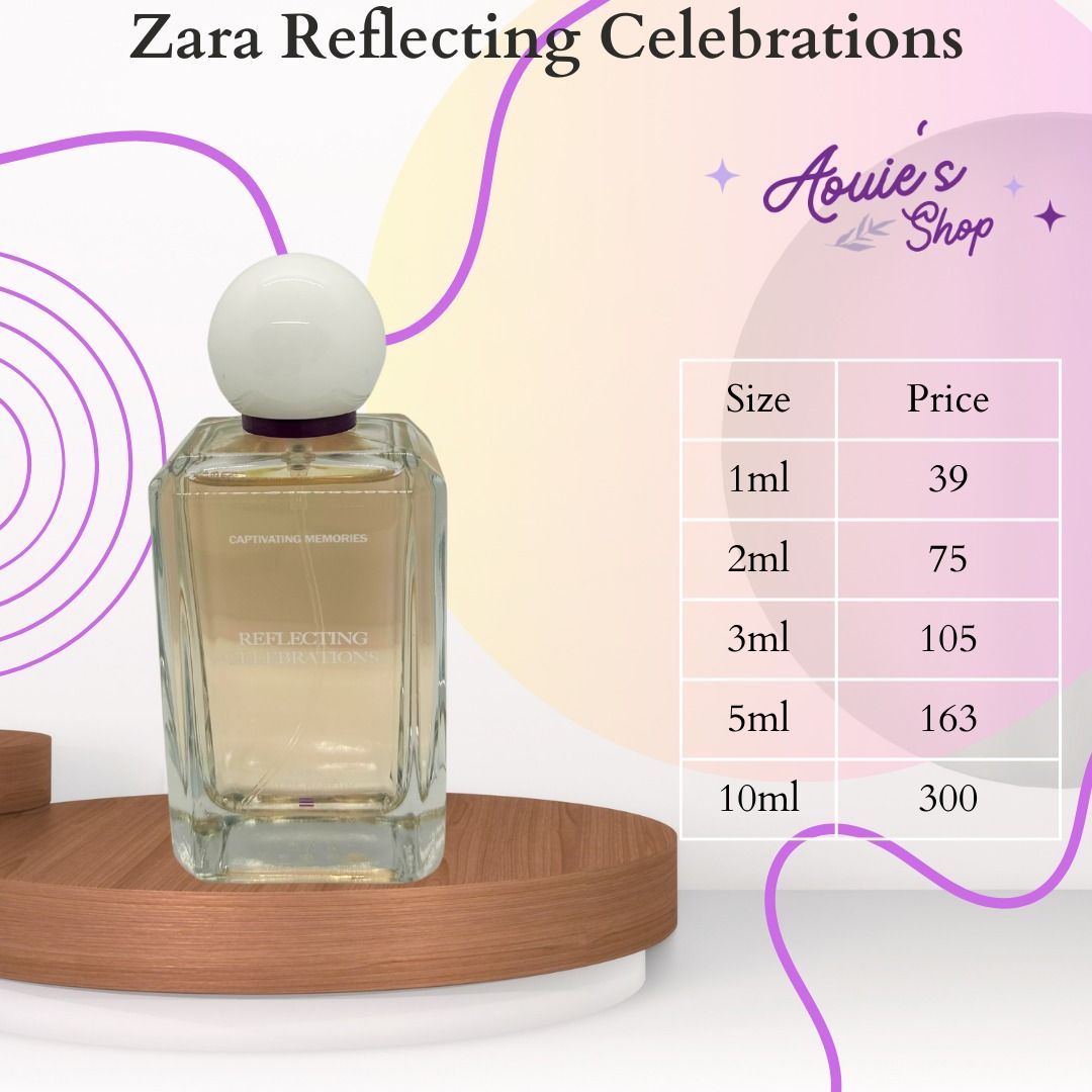 Zara Perfume Decants - Multiple Scents and Sizes Available (Category: Fragrance & Deodorants) located in Manila. Submitted by aouievallente (Listing ID 1469752872, Image 1). Description: - 100% Authentic Zara perfume decants - Available sizes: 1ml, 2ml, 3ml, 5ml, and 10ml - Available scents: Reflecting Celebrations, Elegantly Tokyo, Leather Jardin, Wonder Rose, and Vibrancy Adventures - Budget-friendly way to test multiple fragrances - Send a mes