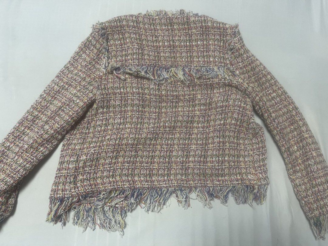 Zara Rainbow Tweed Fringe Open Front Blazer (Category: Coats, Jackets and Outerwear) located in Mandaluyong City. Submitted by mgrrgm (Listing ID 1469639067, Image 2). Description: DM: For measurements and other requests - Size: S (Made in Morocco) - Material: Cotton and polyester blend - Design: Open front with colorful threads, metallic sparkle, and raw fringe trim - Details: Two front pockets with white piping - Condition/Use: Great layering p