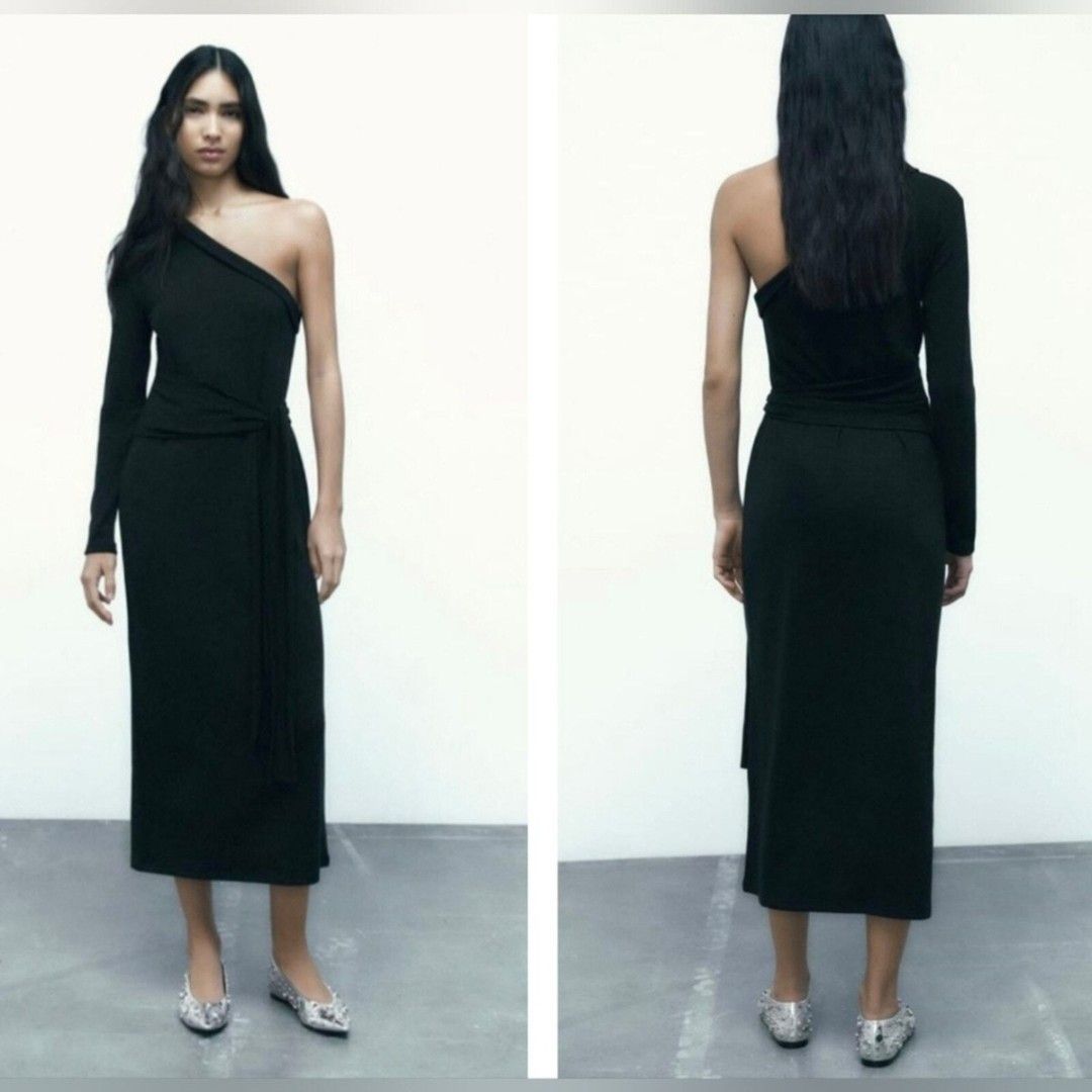 Zara Soft Asymmetric Dress (M) (Category: Dresses) located in Quezon City. Submitted by k_closetsale (Listing ID 1469613033, Image 2). Description: Zara Soft Asymmetric Dress, a long-sleeved midi dress featuring a single-shoulder neckline and a matching tie-belt at the waist.