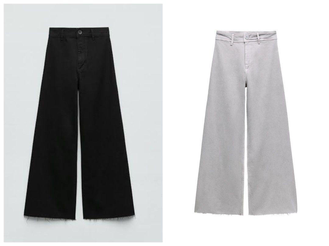 ZARA Wide Leg Pants Bundle Black Grey Size S (Category: Jeans) located in Manila. Submitted by jpnbrandedcollection (Listing ID 1469678807, Image 2). Description: - Bundle deal: 2 pairs of ZARA wide leg pants (Black & Grey) size Small waistline 26-27 length 39 - High waist fit with belt loops and button closure - Features back patch pockets and trendy raw hem details - Made with super comfortable, versatile fabric - Perfect to match with crop top
