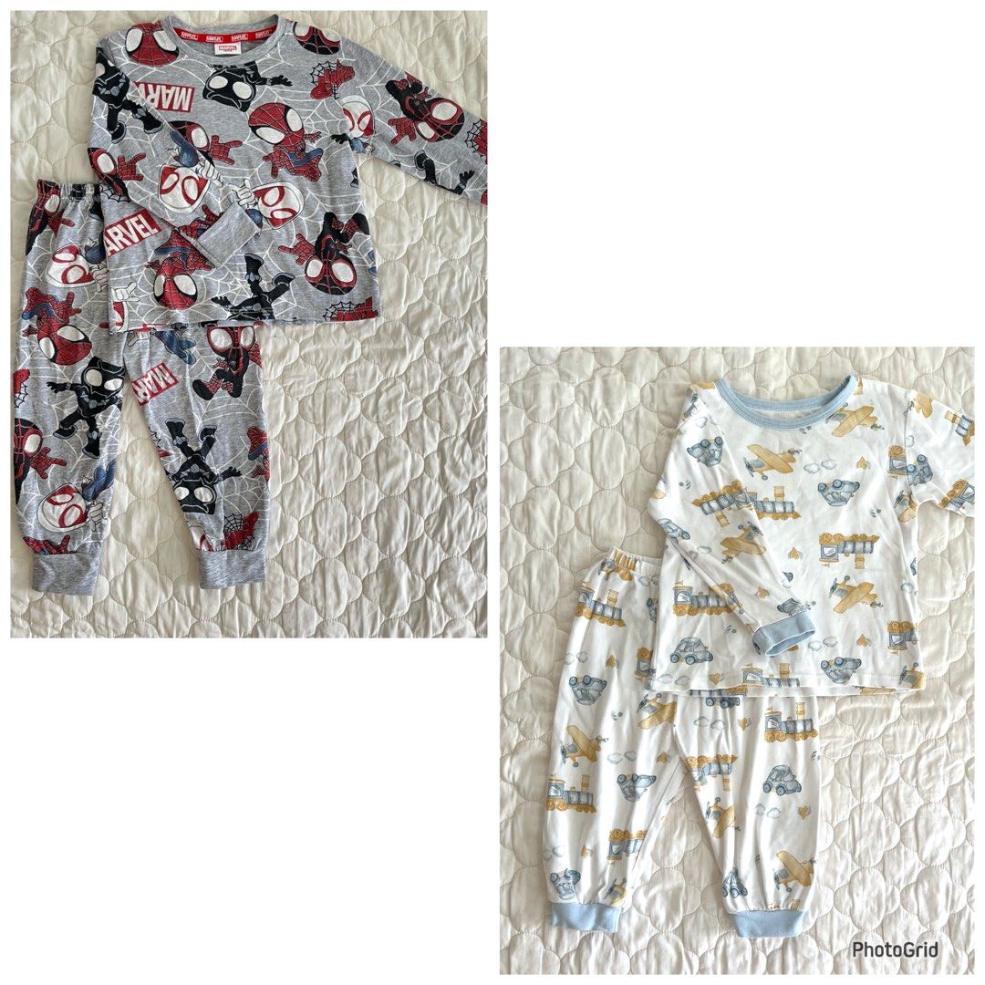 2set 2T pajama set bundles (Category: Babies & Kids Fashion) located in Mexico. Submitted by drei_declutter (Listing ID 1469807771, Image 1). Description: - Bundle of 2 comfortable toddler pyjama sets - Set 1: Grey Marvel Spider-Man print with matching bottoms - Set 2: White fabric with yellow aeroplanes, trains, and blue cars from Nap - Design: Long sleeves and long pants with soft cuffs - Material: Soft, breathable cotton ideal for bedtime or l