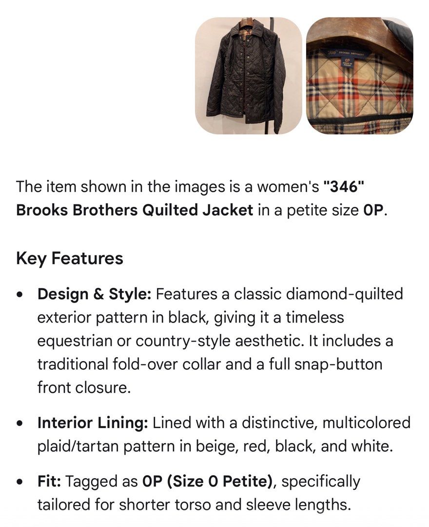 346 BROOKS BROTHERS QUILTED JACKET (Category: Coats, Jackets and Outerwear) located in Dagupan City. Submitted by size.spectrum (Listing ID 1469894549, Image 3). Description: SIZE 0 PETITE FOR XXS TO XS SEE PICS FOR PRODUCT DESCRIPTION AND MEASUREMENT.