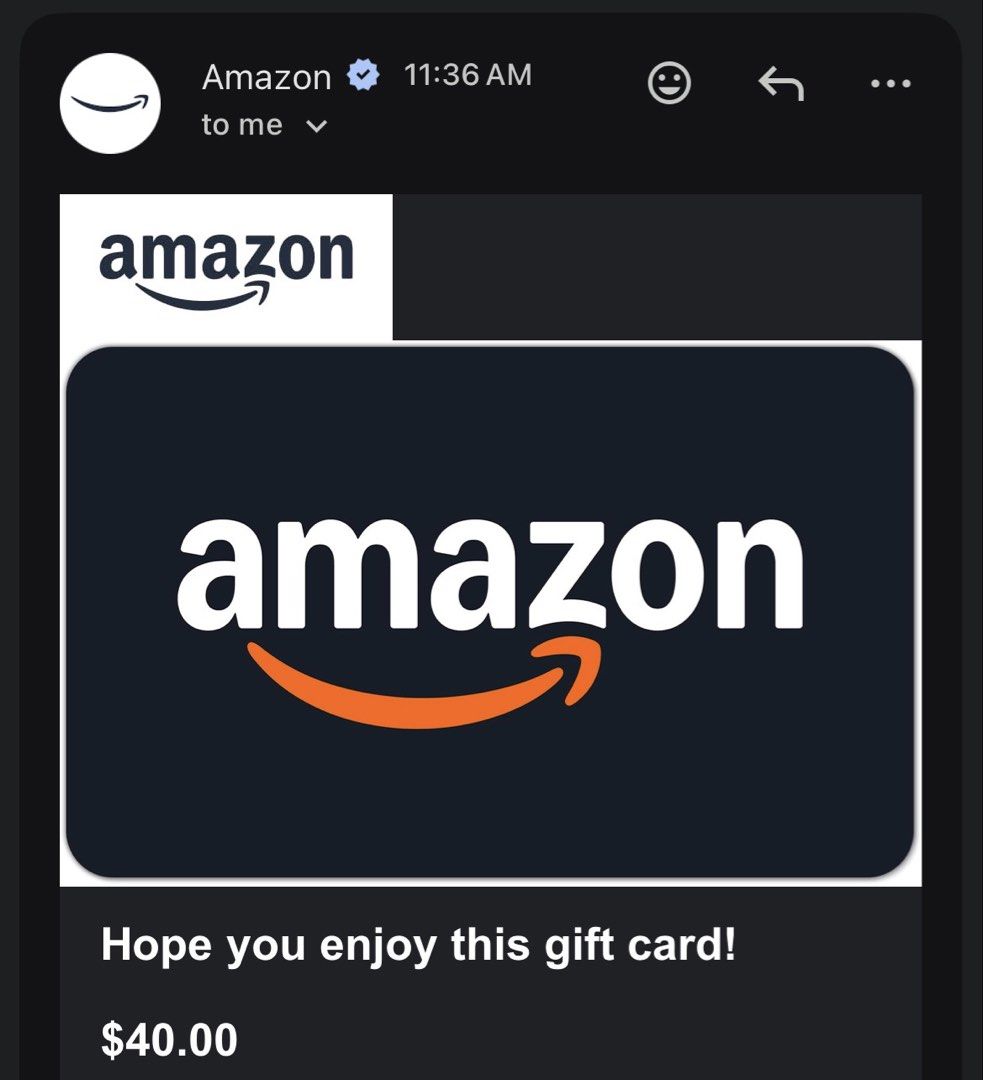 $40 Amazon GiftCard (Category: Vouchers) located in Quezon City. Submitted by jules.18 (Listing ID 1469785963, Image 1). Description: selling for 2,400 instead of 2,600 value Will send code once payment has been sent .