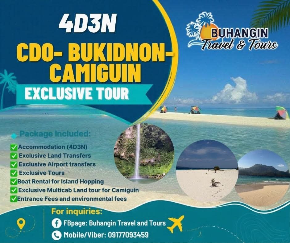 4D3N CDO-Bukidnon-Camiguin Exclusive Tour (Category: Local Attractions & Transport) located in Cagayan de Oro. Submitted by buhangin_travelandto.flower (Listing ID 1469917368, Image 1). Description: - Exclusive 4 Days 3 Nights Tour: CDO, Bukidnon, & Camiguin - Accommodation included for 3 nights - Exclusive land and airport transfers - Guided tours and island hopping boat rental - Exclusive multicab land tour in Camiguin - All entrance and enviro