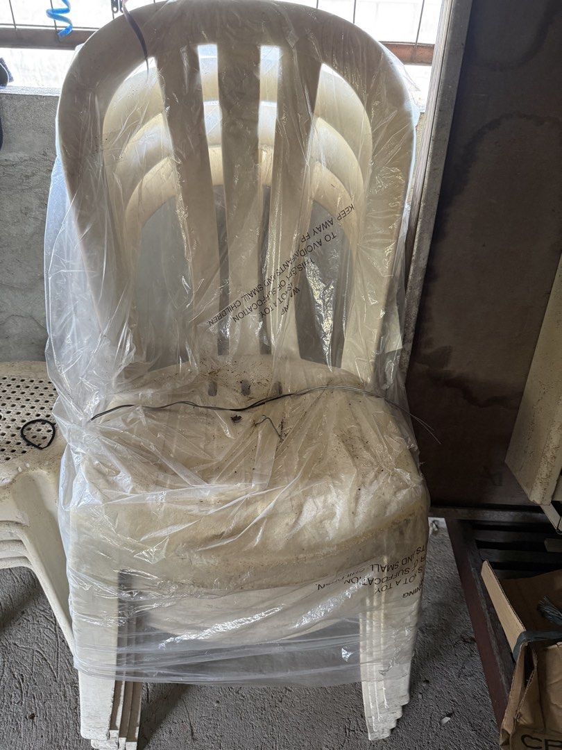 5pcs. Set of stacked plastic chairs (Category: Chairs) located in Mandaluyong City. Submitted by jeyviee (Listing ID 1469781769, Image 1). Description: - Set of sturdy white plastic chairs - Standard dining height, ideal for events, outdoors, or garage use - Space-saving stackable design - Protected in clear wrapping - Minor surface dust from storage, easily wipes clean.