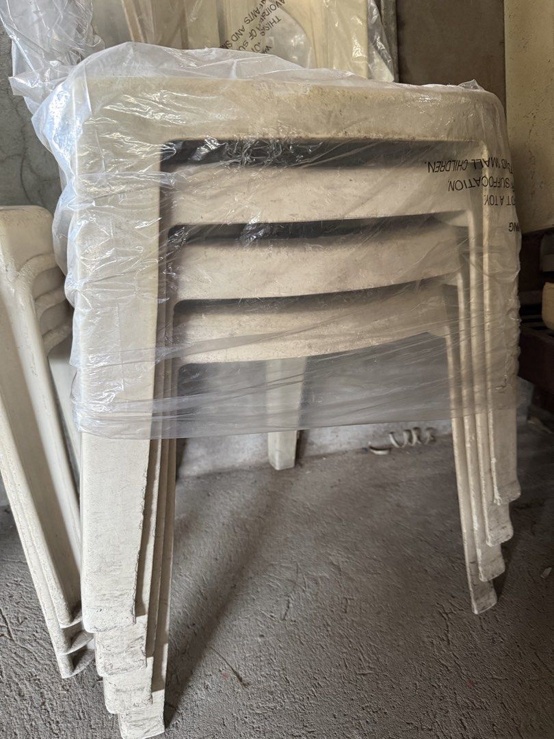 5pcs. Set of stacked plastic chairs (Category: Chairs) located in Mandaluyong City. Submitted by jeyviee (Listing ID 1469781769, Image 2). Description: - Set of sturdy white plastic chairs - Standard dining height, ideal for events, outdoors, or garage use - Space-saving stackable design - Protected in clear wrapping - Minor surface dust from storage, easily wipes clean.