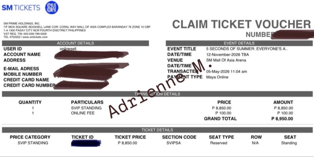 5SOS in Manila Day 2 SVIP (Category: Events Tickets) located in Tuguegarao City. Submitted by Jarah (Listing ID 1469917151, Image 1). Description: wts/lfb SVIP 5SOS Everyone’s A Star - D2 (Nov 12) (1) ticket only timestamp: 11:04 am ! unclaimed, we can claim together :) selling for tix price (8,850) + online fee (100php) rfs: going for day 3 !! .