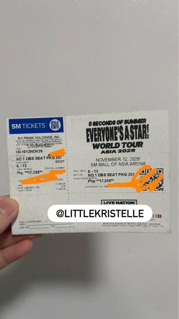 5SOS OBSESSION TICKET SOUNDCHECK NOVEMBER 12 (Category: Events Tickets) located in Manila. Submitted by krxstxllx (Listing ID 1469916438, Image 1). Description: .