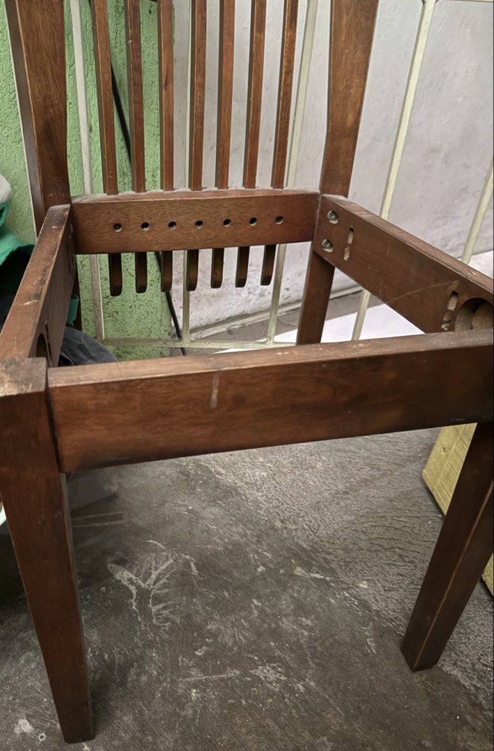 6pcs. Wooden Dining Chair Frame Without Seat (Category: Chairs) located in Mandaluyong City. Submitted by jeyviee (Listing ID 1469771081, Image 2). Description: - Solid wood construction with a classic medium brown finish - High backrest featuring vertical slats and a stylish geometric top design - Frame only (missing seat cushion) - Ideal for DIY restoration projects or custom seating - Pickup preferred from location.