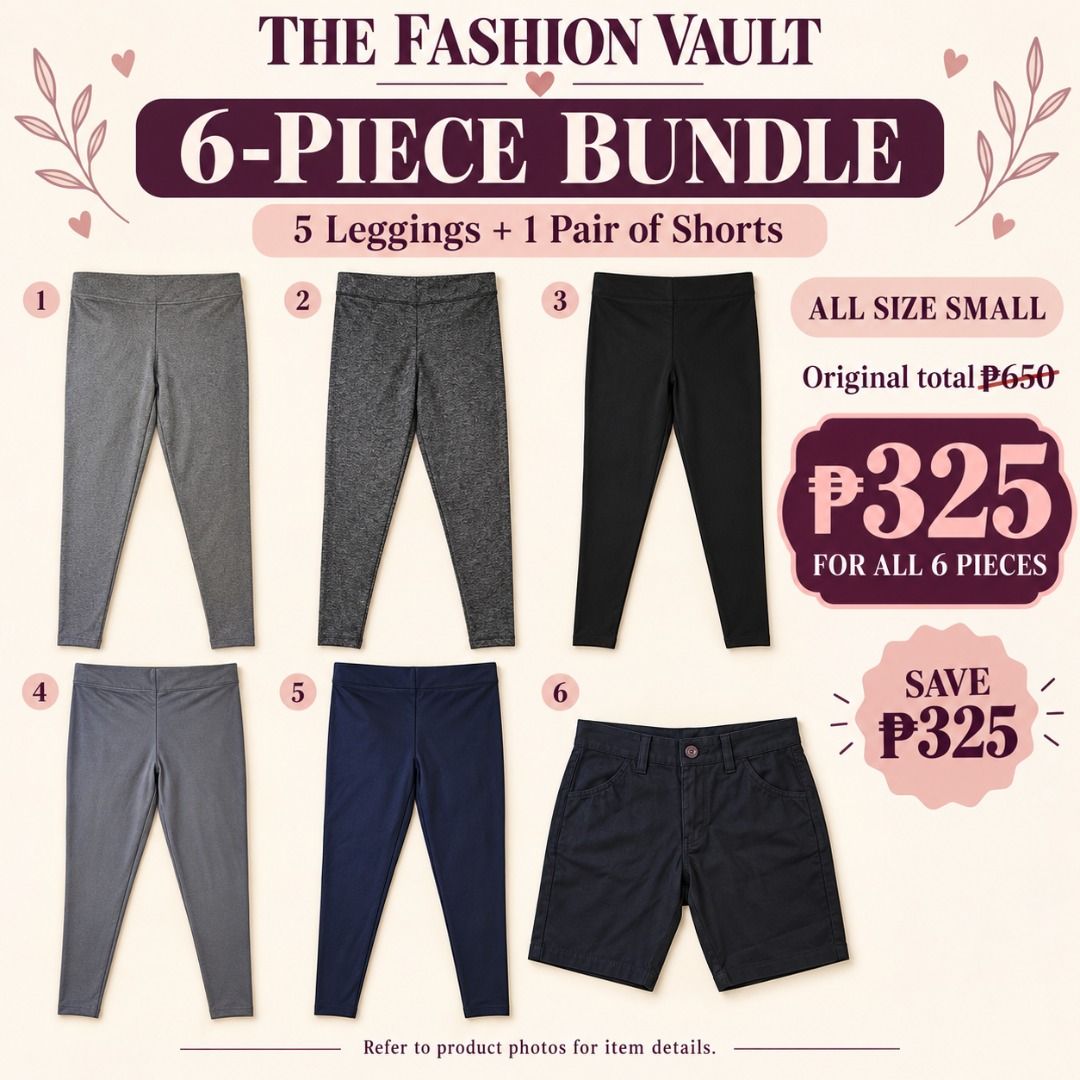 6-Piece Bundle 5 Leggings 1 Shorts Size Small (Category: Activewear) located in Antipolo. Submitted by openingthevault728 (Listing ID 1469873307, Image 1). Description: **5 Leggings + 1 Pair of Shorts | All Small | ₱325 Bundle** Stock up on everyday basics from **The Fashion Vault**! Get all six pieces in versatile neutral shades, easy to pair with your favorite shirts, camisoles, and casual tops. **Included:** • 1 pair of medium heather gray leg