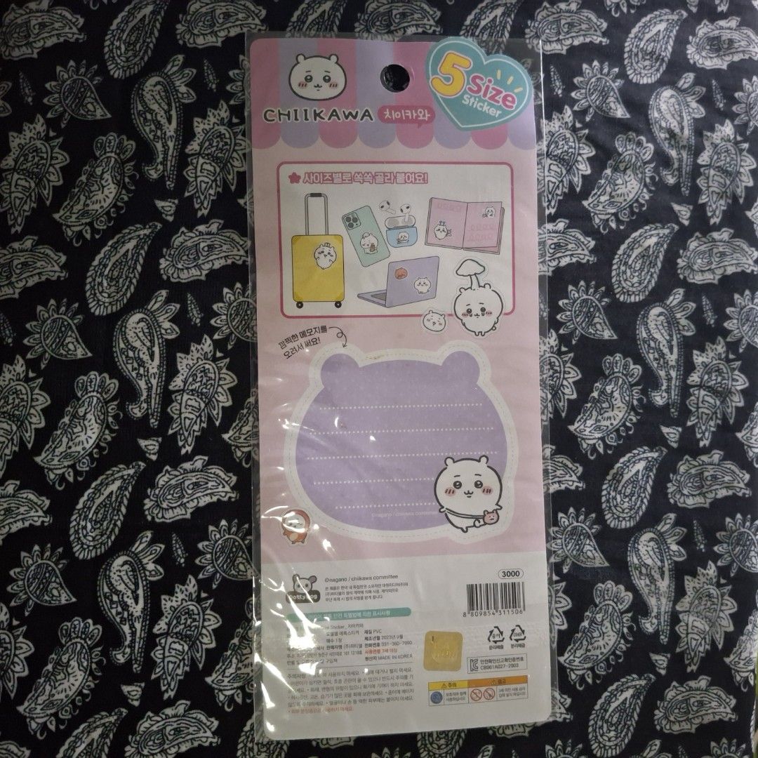A Chiikawa character sticker set available in 5 different sizes. (Category: Craft Supplies & Tools) located in Manila. Submitted by rmmmko (Listing ID 1469938081, Image 2). Description: 🧴: Chiikawa 5-Size Sticker / Seal 🧴: item with the tag still attached 🧴: my last piece from my sticker collection i think 🧴: check each image 🧴: Decluttering stuff I don't have any interest it 🧴: Everything is sold as is and as pictured 🧴: Message me about 