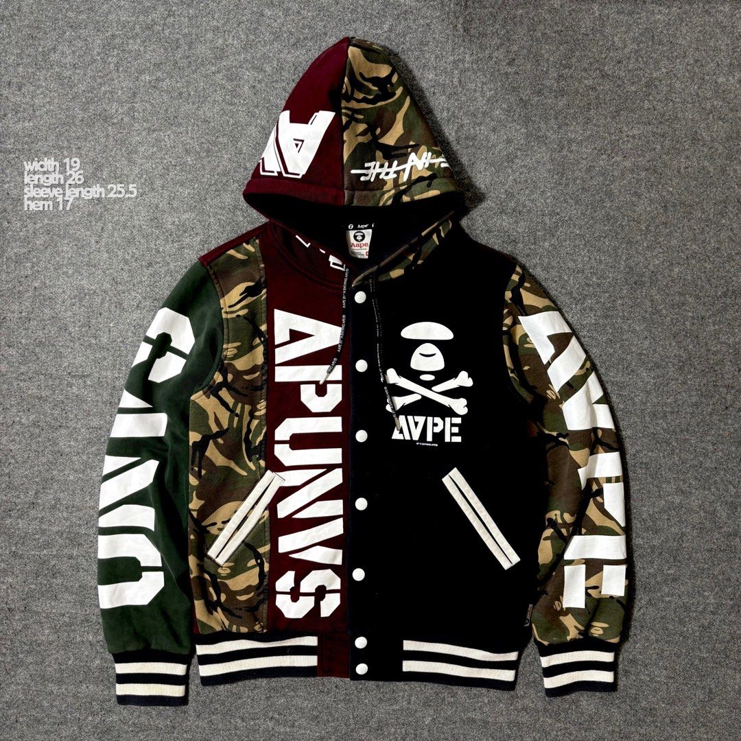 AAPE by A Bathing Ape split panel hoodie (Category: Coats, Jackets and Outerwear) located in Mabalacat. Submitted by alternativegooods (Listing ID 1469859090, Image 1). Description: MEASUREMENTS (inches) ⌗ width 19 ⌗ length 26 ⌗ sl 25.5 ⌗ hem 17 - Excellent condition ★ Color may vary slightly due to lighting. ★ Manage your expectations, these are pre-loved/thrifted items. ★ Ship via J&T Express & Lalamove..