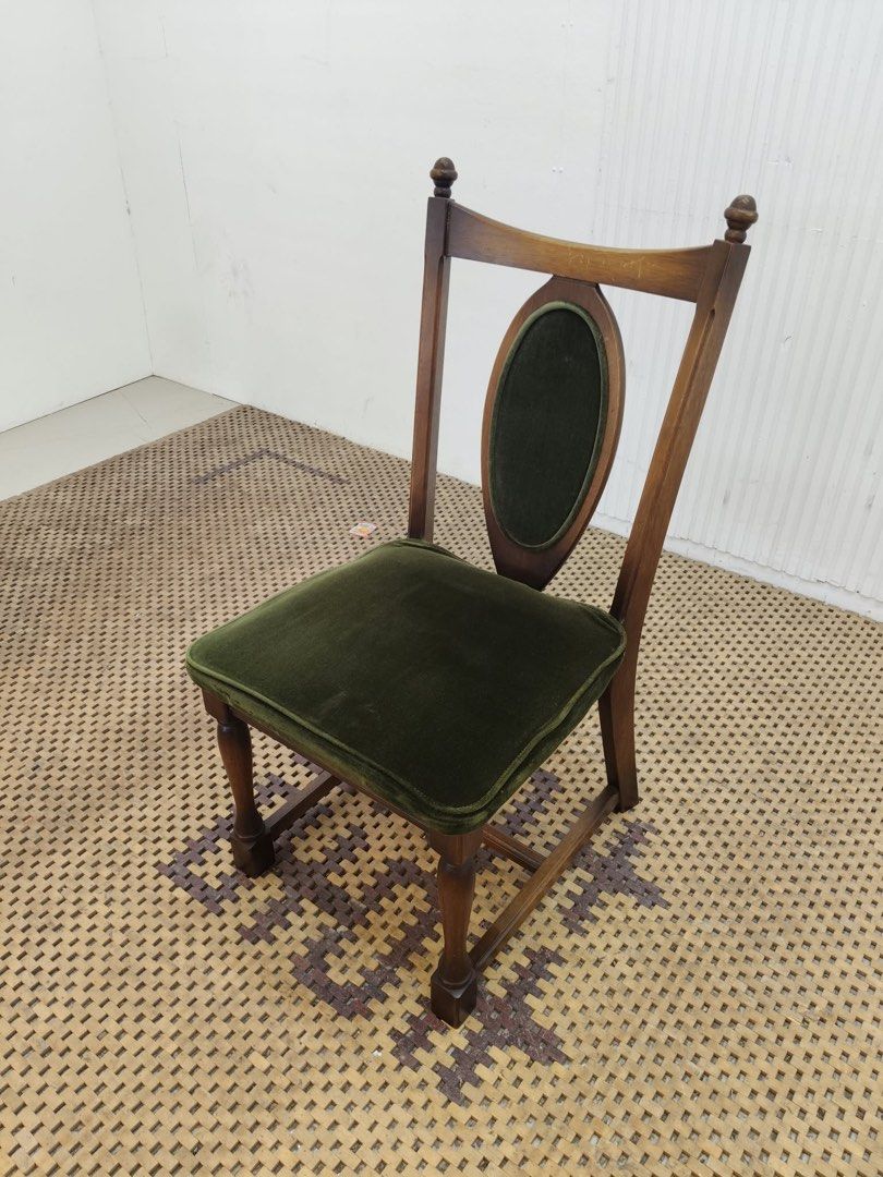 Accent chair (Category: Chairs) located in Quezon City. Submitted by matetdevis13 (Listing ID 1469925567, Image 2). Description: Vintage Wooden Dining / Accent Chair with Green Velvet Upholstery Price: 2,500 L17.5 x W19 x H35/16 In good condition.