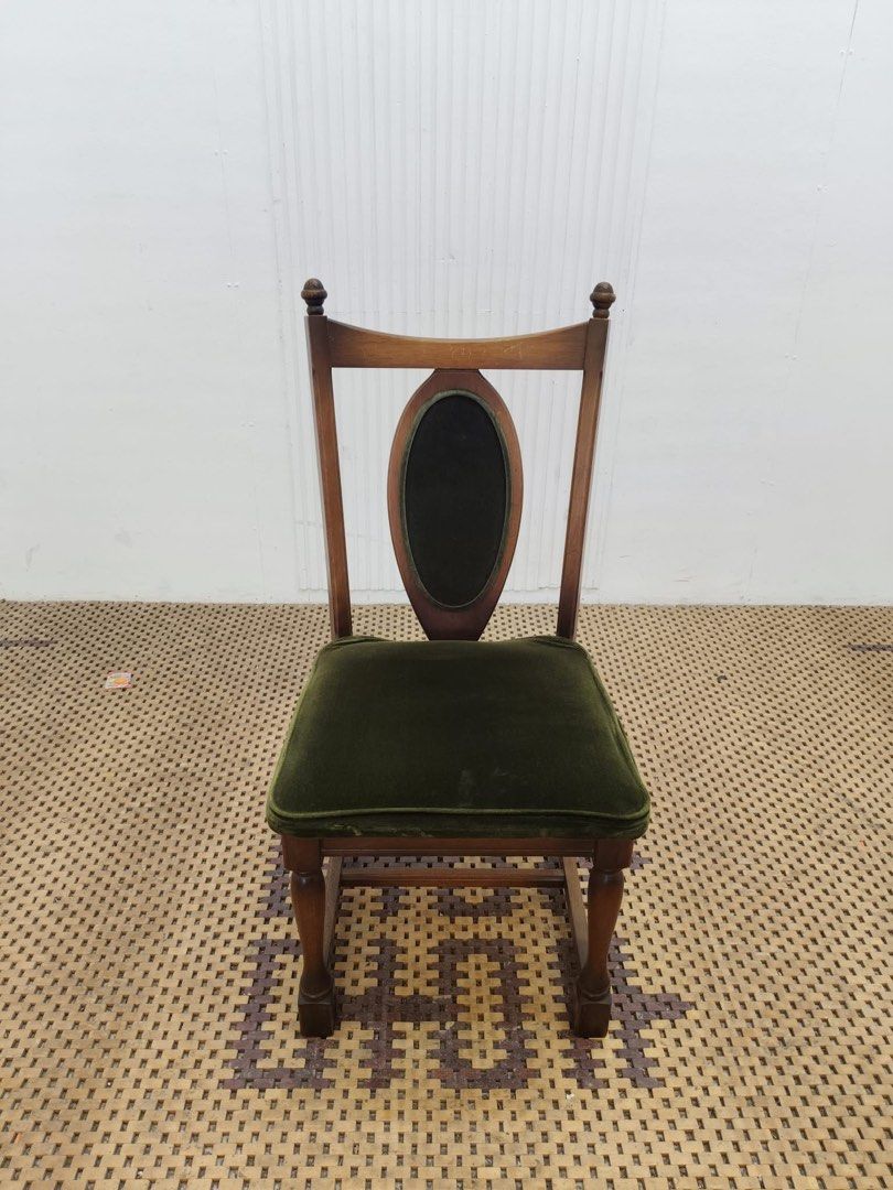 Accent chair (Category: Chairs) located in Quezon City. Submitted by matetdevis13 (Listing ID 1469925567, Image 3). Description: Vintage Wooden Dining / Accent Chair with Green Velvet Upholstery Price: 2,500 L17.5 x W19 x H35/16 In good condition.