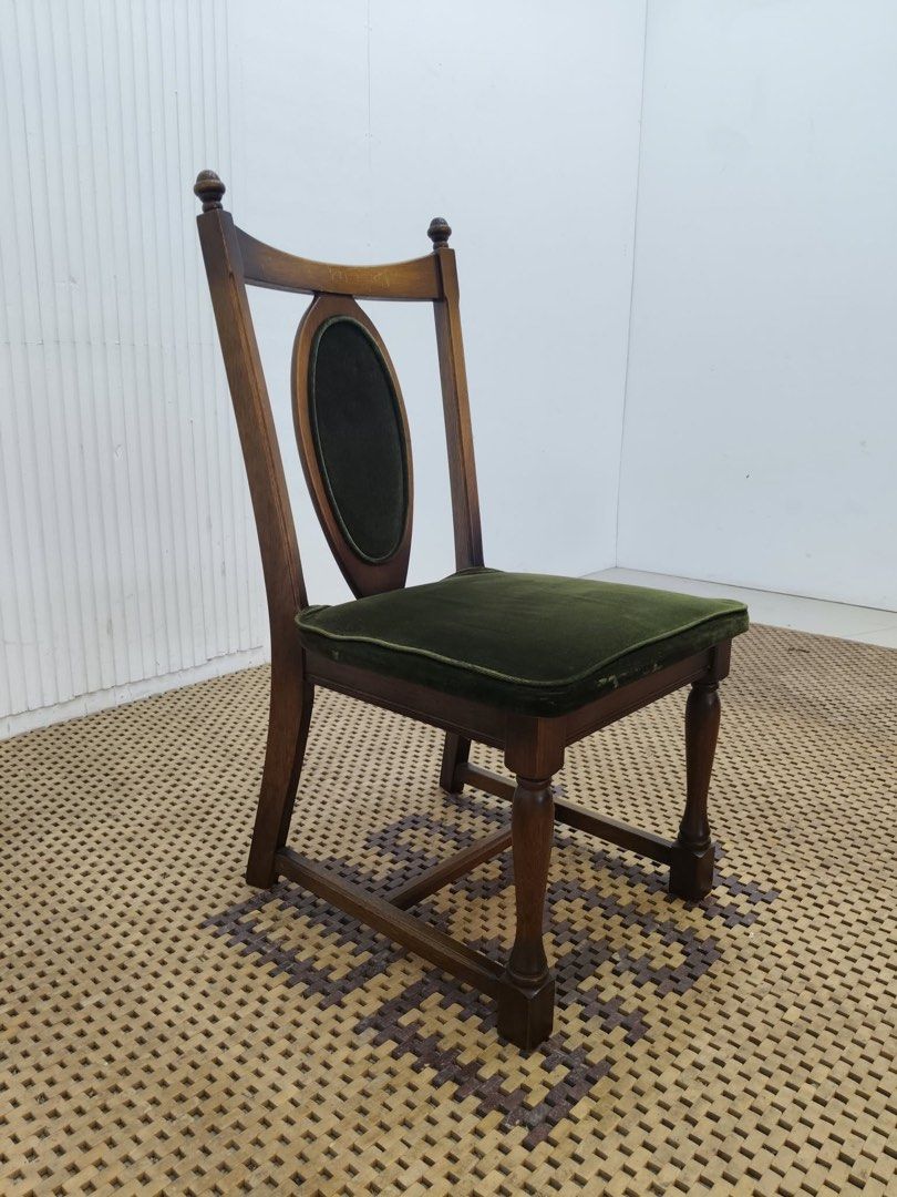 Accent chair (Category: Chairs) located in Quezon City. Submitted by matetdevis13 (Listing ID 1469925567, Image 1). Description: Vintage Wooden Dining / Accent Chair with Green Velvet Upholstery Price: 2,500 L17.5 x W19 x H35/16 In good condition.