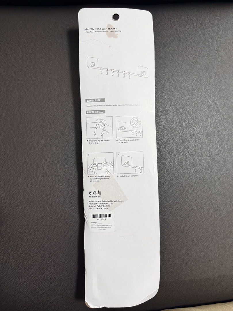 Adhesive Bar with Hooks R5460 (Category: Home Improvement Tools & Accessories) located in Quezon City. Submitted by edenkhan (Listing ID 1469915212, Image 3). Description: Adhesive Bar with Hooks *Size 423 x 50 x 75mm *Traceless *Easy Installation *Load-bearing *No tools needed *Strong Adhesive *4.0Kg Max Suitable for: Smooth and even walls, ceramic tiles, glass, metal, stainless steel, and plastic surfaces. How to Install: 1. Clean and dry the s