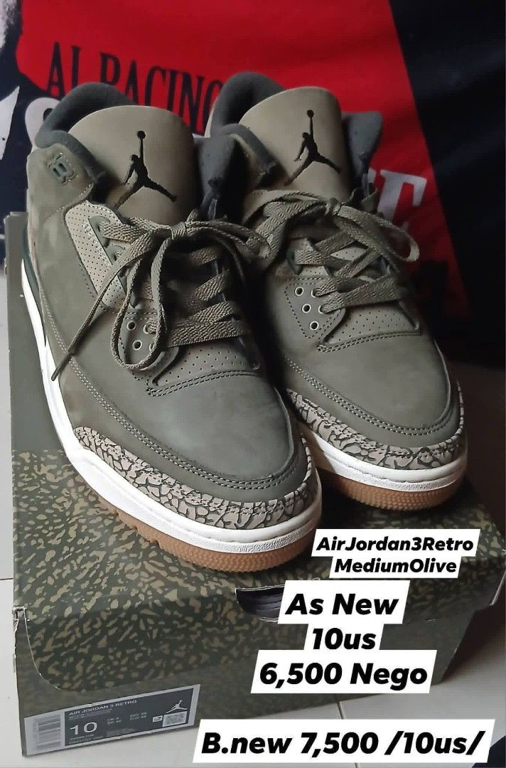 Air Jordan 3 Retro Medium Olive Size 10 US (Category: Sneakers) located in San Mateo. Submitted by edayz709 (Listing ID 1469763388, Image 1). Description: - Model: Air Jordan 3 Retro - Colorway: Medium Olive - Size: 10 US - Details: Classic elephant print overlays, iconic Nike Air heel branding, and durable gum rubber outsole - Inclusions: Original matching box included - Condition: Brand new / pristine (ready to ship or meet-up).