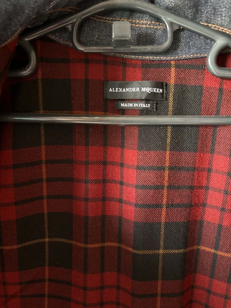 Alexander McQueen Denim Jacket with Tartan Lining Size 50 (Category: Coats, Jackets and Outerwear) located in Manila. Submitted by jessamarie95205 (Listing ID 1469889589, Image 3). Description: - Brand: Alexander McQueen - Item: Dark Denim Zip-Up Jacket - Size: 50 (Made in Italy) - Condition: Brand new with tag attached (includes style numbers and barcode) - Lining: Red tartan plaid interior - Pockets: Single chest pocket and front side pockets -