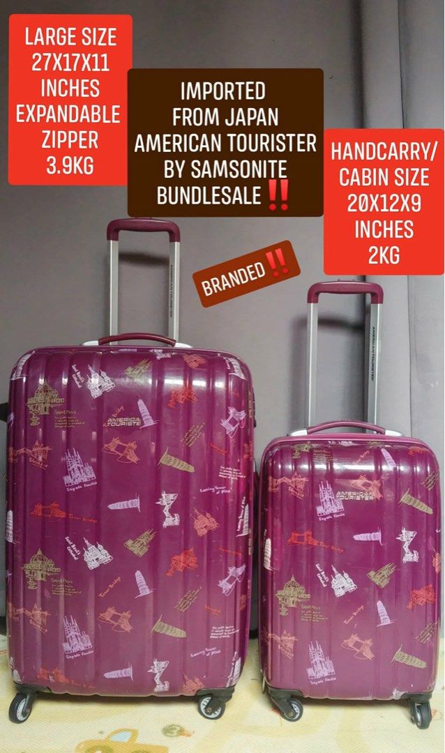 AMERICAN TOURISTER BY SAMSONITE DURABLE (Category: Luggage) located in Manila. Submitted by chaychaii (Listing ID 1469805591, Image 1). Description: 😍‼️BRANDED ‼️😍 AMERICAN TOURISTER BY SAMSONITE DURABLE ⚡⚡TAKE ALL ⚡⚡ Japan Imported Small,Hand carry,cabin SIZE AND Large (expandable) 🔰Durable Polycarbonate Hardcase 🔰360 Rotation Wheels 🔰TOP and Side CARRIER HANDLE 🔰Security Coded lock 🔰Zipper Closure 🔰Telescopic Push handle 🔰Top Handle Ca