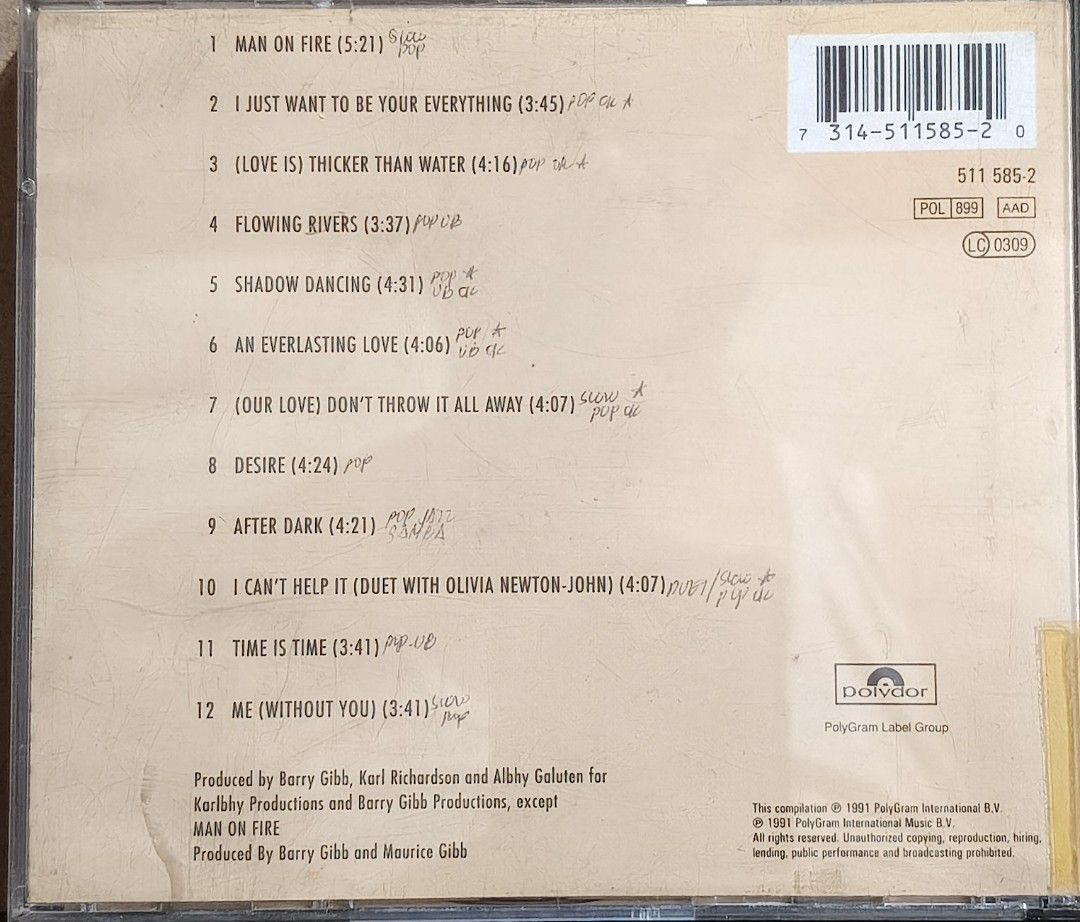 Andy Gibb CD Album Polydor 1991 Compilation (Category: CDs & DVDs) located in Manila. Submitted by ruelcabrer77078 (Listing ID 1469782870, Image 3). Description: - Artist/Album: Andy Gibb Compilation CD - Release Year: 1991 by Polydor - Track Count: 12 tracks total (includes Man on Fire, I Just Want to Be Your Everything, Shadow Dancing, and duet with Olivia Newton-John) - Condition Notes: Jewel case, inserts, and disc feature handwritten notes a