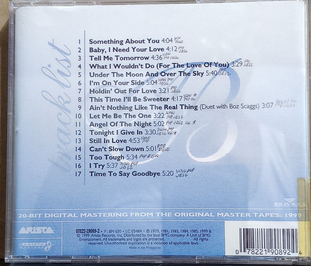 Angela Bofill The Definitive Collection CD (Category: CDs & DVDs) located in Manila. Submitted by ruelcabrer77078 (Listing ID 1469783243, Image 3). Description: - Artist & Title: Angela Bofill - The Definitive Collection - Label & Year: Arista Records, 1999 - Tracklist: 17 digitally remastered career-spanning tracks, including a duet with Boz Scaggs - Format: Jewel case with original booklet insert and back track listing - Origin: Made in the Phi