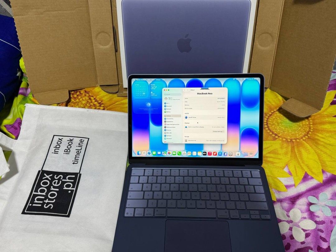 Apple MacBook Neo Purple (Category: Laptops & Notebooks) located in Manila. Submitted by warmhorse.7002aa (Listing ID 1469779599, Image 2). Description: - Model: Apple MacBook Neo (Purple) - Condition: Clean exterior finish, fully functional screen - Features: Compact size, clear built-in display, matching keyboard layout - Inclusions: Original box and branded fabric dust bag - Status: Ready for a new owner.