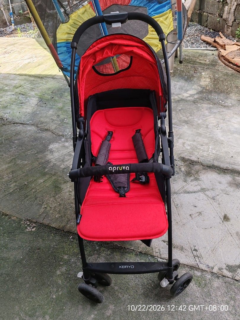 Apruva Keiryo Baby Stroller Red Black (Category: Strollers) located in Antipolo. Submitted by purpleclover11 (Listing ID 1469812141, Image 1). Description: - Brand: Apruva Keiryo Baby Stroller - Color: Red and black with stylish polka dot canopy hood - Comfort & Safety: Adjustable seat, secure safety straps, and matching harness covers - Storage: Convenient bottom storage basket included - Mobility & Storage: Compact folding mechanism with easy-t