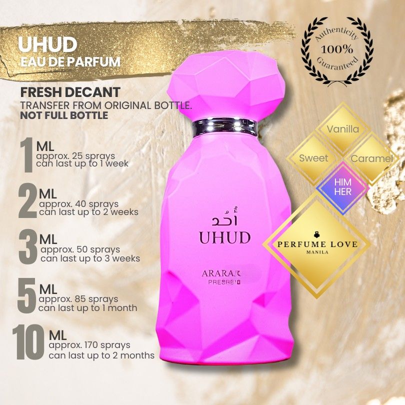 Arabiyat Prestige Uhud Eau De Parfum 100ml (Category: Fragrance & Deodorants) located in Pasay City. Submitted by perfume.ph (Listing ID 1469821603, Image 2). Description: - Brand: Arabiyat Prestige Uhud - Volume: 100ml Eau De Parfum - Condition: Brand new, factory sealed in original pink box - Scent Profile: Sweet and warm - Top Notes: Red fruits, rose, caramel - Heart Notes: Tonka bean, honey, raspberry - Base Notes: Musk, vanilla, amber.
