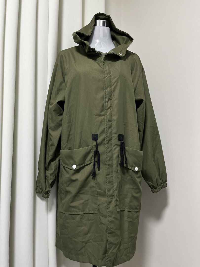 Army Green Hooded Long Jacket With Front Pockets (Category: Coats, Jackets and Outerwear) located in Angeles City. Submitted by pinkpool (Listing ID 1469766523, Image 1). Description: Army green hooded jacket with a drawstring waist, two front flap pockets, and elastic cuffs. A versatile, great-layering piece for cooler weather..