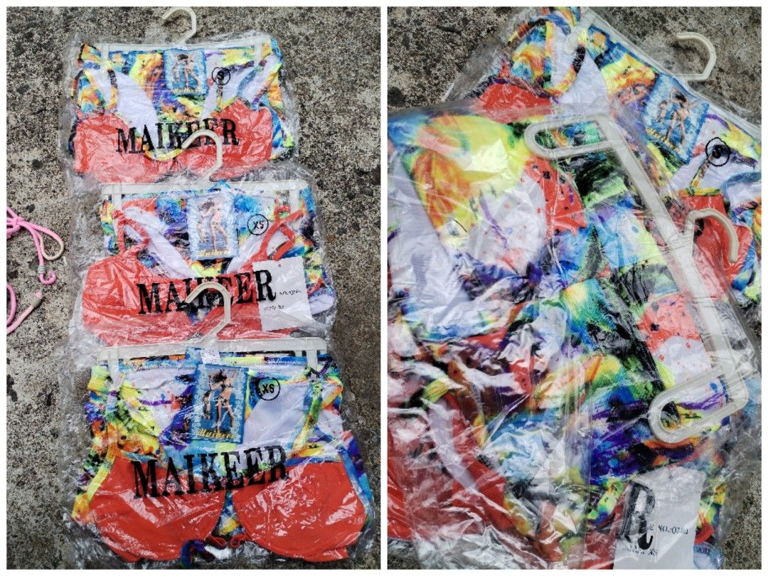 Assorted Bikinis Swimwear Lot (Category: Bikinis & Swimsuits) located in La Trinidad. Submitted by malditas (Listing ID 1469917825, Image 2). Description: - Bulk lot of women's bikinis and swimwear pieces - Assorted styles: underwire tops, triangle tops, and swim shorts - Vibrant colors and patterns including bright orange, yellow, floral prints, and abstract art designs - Several items still brand new with original store tags attached - Great mi