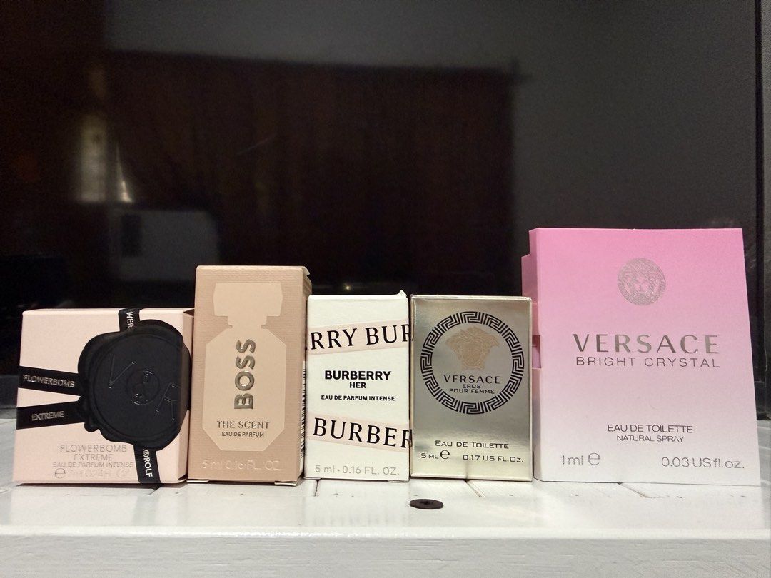 Assorted Designer Perfume Miniatures and Samples Set take all (Category: Fragrance & Deodorants) located in Talisay. Submitted by grazelle_1985 (Listing ID 1469759115, Image 1). Description: - Authentic designer fragrance miniature and sample set - Includes 5 popular scents: Viktor & Rolf Flowerbomb Extreme (7ml), Hugo Boss The Scent (5ml), Burberry Her intense (5ml), Versace Eros Pour Femme (5ml), and Versace Bright Crystal (1ml) - 100% brand ne
