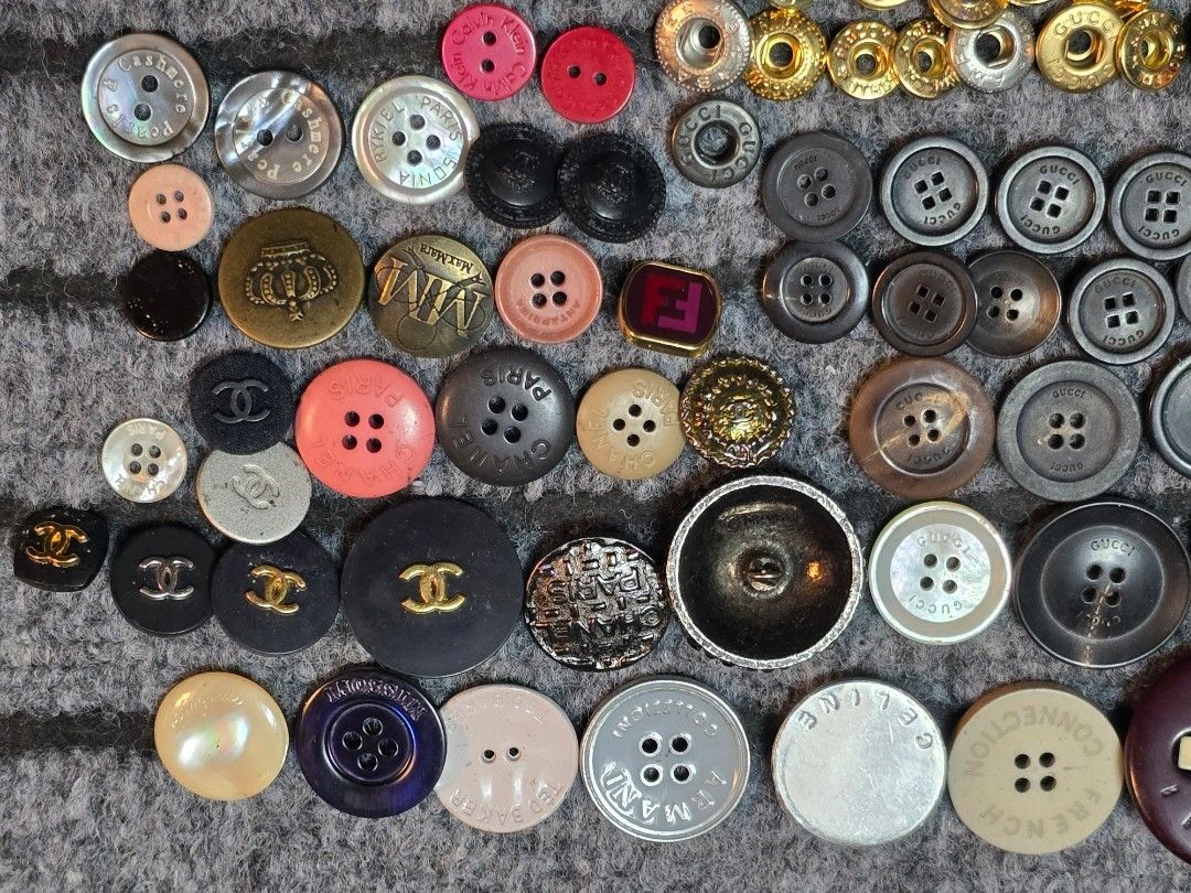 Authentic Assorted Designer Fashion Buttons (Category: Blouses) located in Baguio. Submitted by sonny14 (Listing ID 1469923431, Image 3). Description: - Authentic luxury designer buttons including Gucci, Prada, Chanel, Armani, Fendi, Max Mara, Celine, French Connection, Ted Baker, and Missoni, marni, feragamo, versace - Variety of sizes, colors, and materials (metal, plastic, and shell) - Ideal for sewing projects, clothing repair, and custom DIY