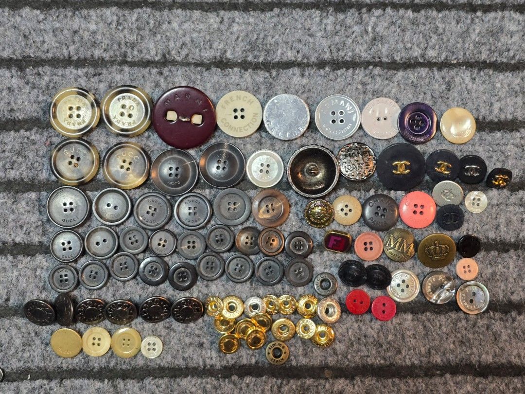 Authentic Assorted Designer Fashion Buttons (Category: Blouses) located in Baguio. Submitted by sonny14 (Listing ID 1469923431, Image 1). Description: - Authentic luxury designer buttons including Gucci, Prada, Chanel, Armani, Fendi, Max Mara, Celine, French Connection, Ted Baker, and Missoni, marni, feragamo, versace - Variety of sizes, colors, and materials (metal, plastic, and shell) - Ideal for sewing projects, clothing repair, and custom DIY