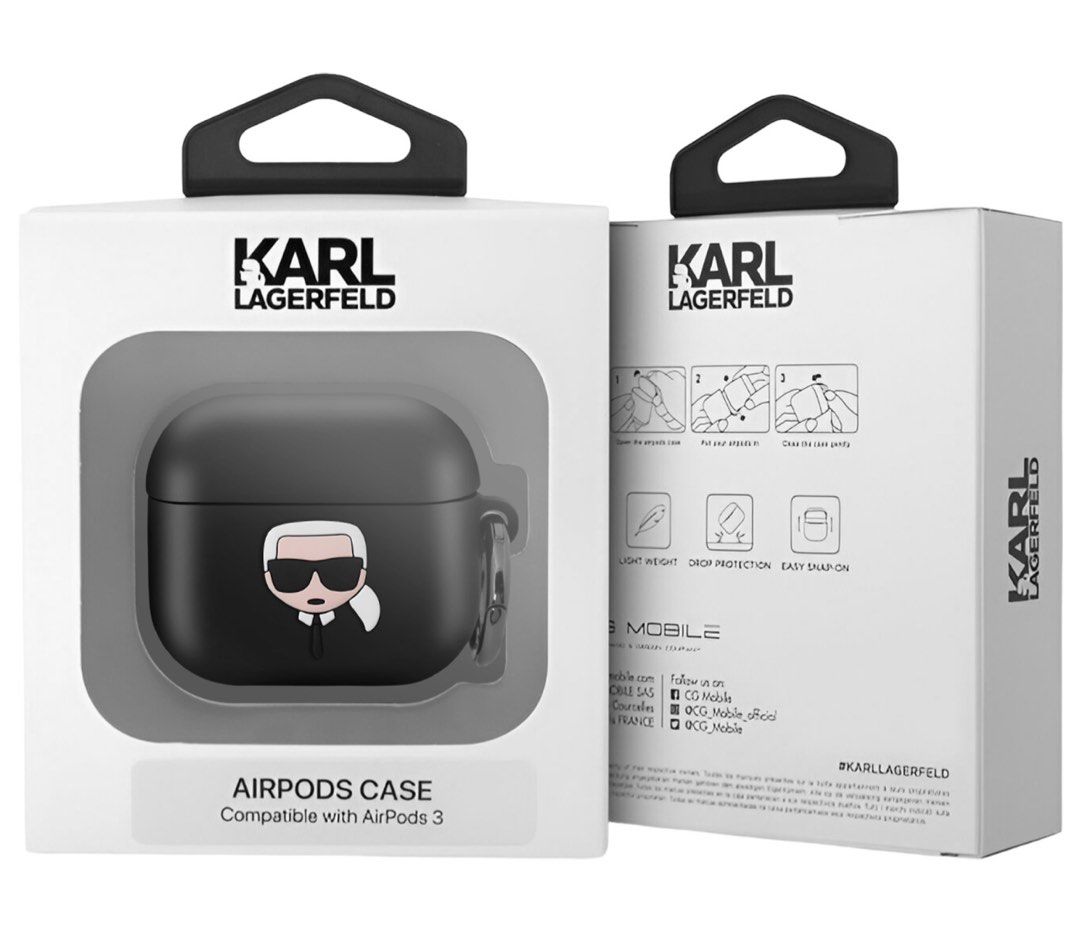 Authentic Karl Lagerfeld AirPods 3 Case Black (Category: Earphones) located in Manila. Submitted by trustedceller (Listing ID 1469802667, Image 2). Description: - Brand: Karl Lagerfeld - Compatibility: AirPods 3 - Material: Durable black silicone - Design: Features the signature designer icon character - Convenience: Includes a metal ring clip to attach to bags or keys - Protection: Guards your charging case against daily drops and scratches - Pa