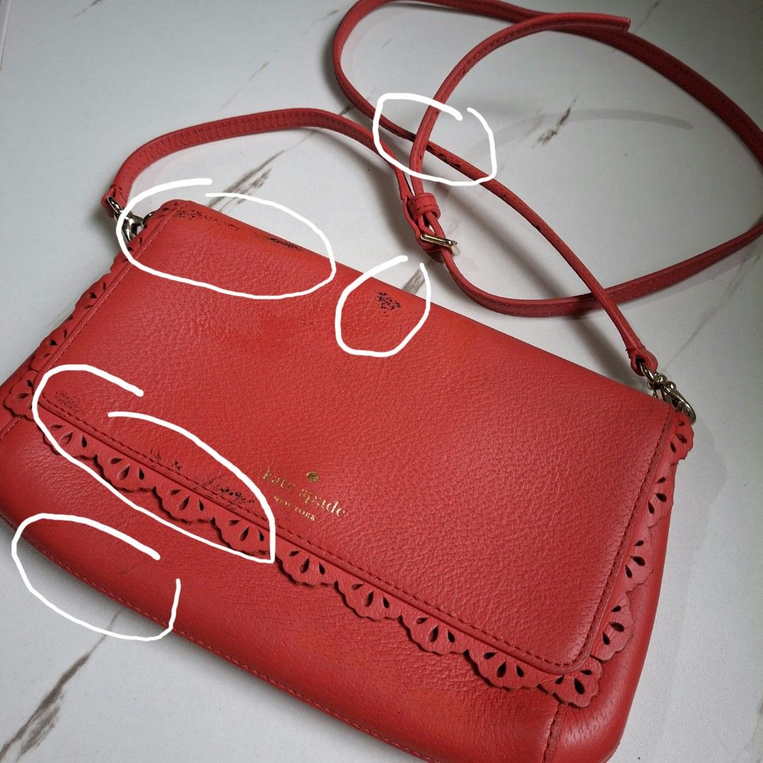 AUTHENTIC Kate Spade Crossbody Bag (Category: Cross-body Bags) located in Caloocan City. Submitted by mei56313 (Listing ID 1469885491, Image 2). Description: - preloved Kate Spade New York crossbody bag in hot pink color - ORIGINAL; super cute but I only used this twice kasi nahihirapan ako bagayan yung color - has black color transfers due to storage; I don't know how to clean/repair it - interior is still very pretty as well as the hardware - w