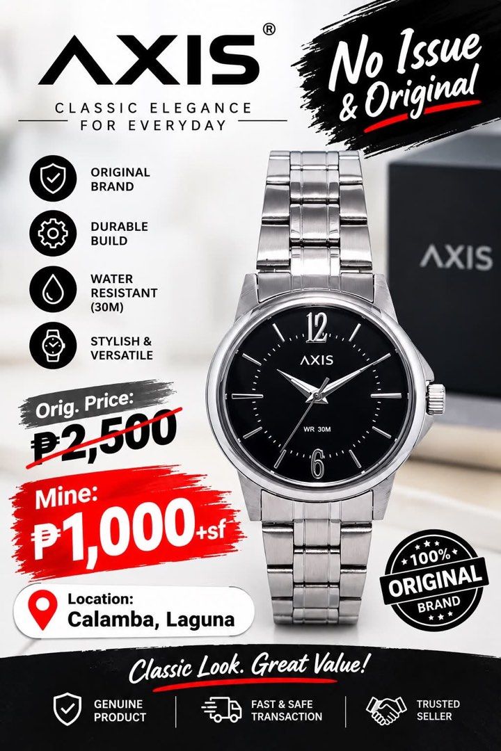 Axis Classic Elegance Stainless Steel Watch (Category: Women's Watches) located in Calamba. Submitted by wildcrystal.d61f6a (Listing ID 1469872697, Image 1). Description: - Brand: Original Axis wristwatch - Design: Sleek black dial with silver hands and distinct 12/6 hour markers - Build: Durable stainless steel link bracelet - Function: Water resistant up to 30 meters - Style: Clean, classic, and versatile for everyday use - Inclusion: Original 