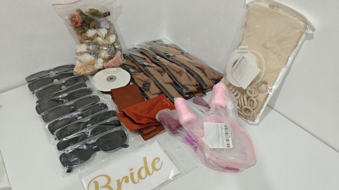 Bachelorette Party Decor and Accessories Bundle (Category: Occasions & Party Supplies) located in San Jose del Monte. Submitted by jenmallari_ (Listing ID 1469803525, Image 1). Description: - Complete bachelorette party & bridal shower set - All items 100% brand new and unopened in original packaging - Includes: Multiple black sunglasses, matching brown bow tie sets, 'Bride' sash - Decor & accessories: Artificial flowers, funny pink headbands, wo
